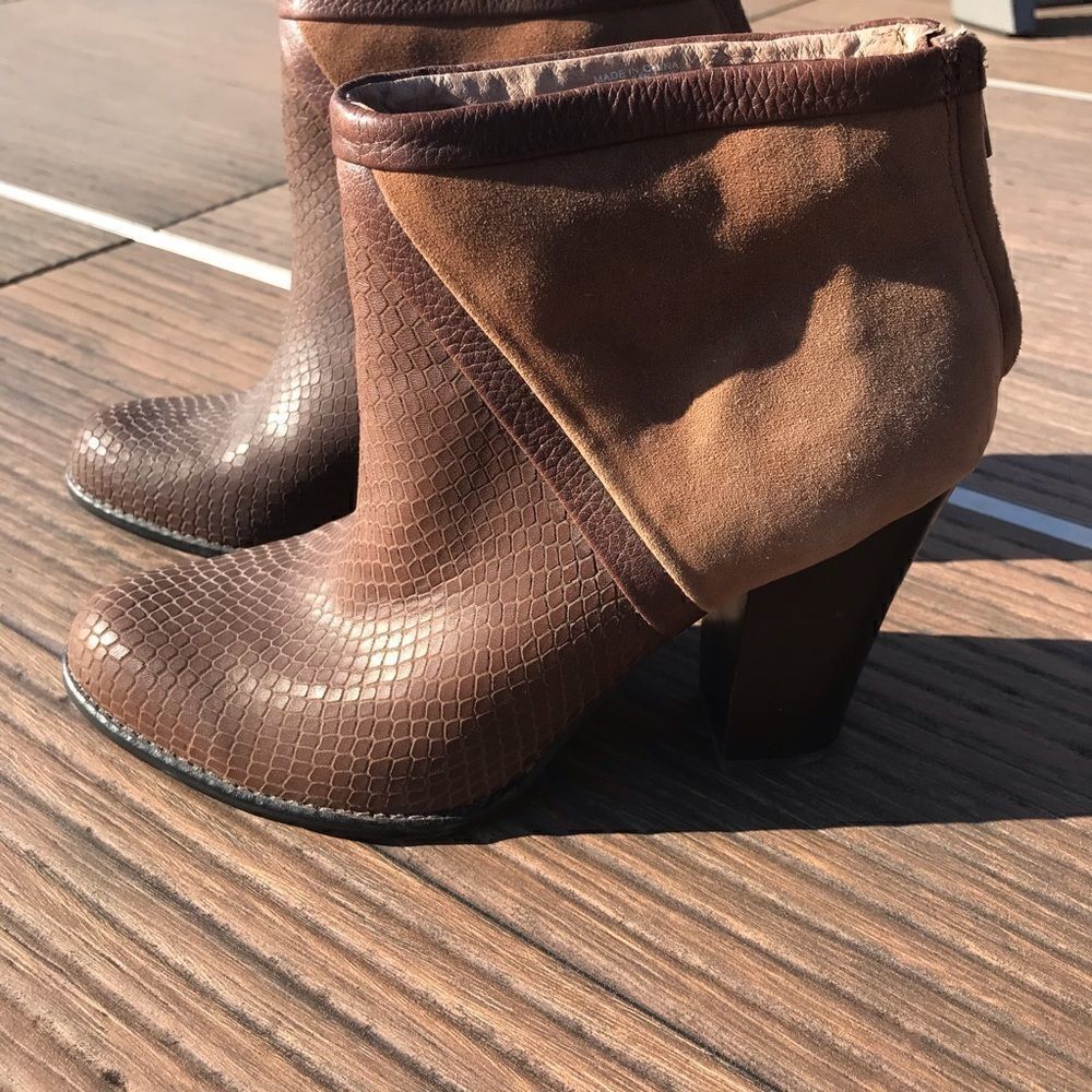 FOSSIL Brown Suede and Leather Snake Embossed Heeled Ankle Boot
